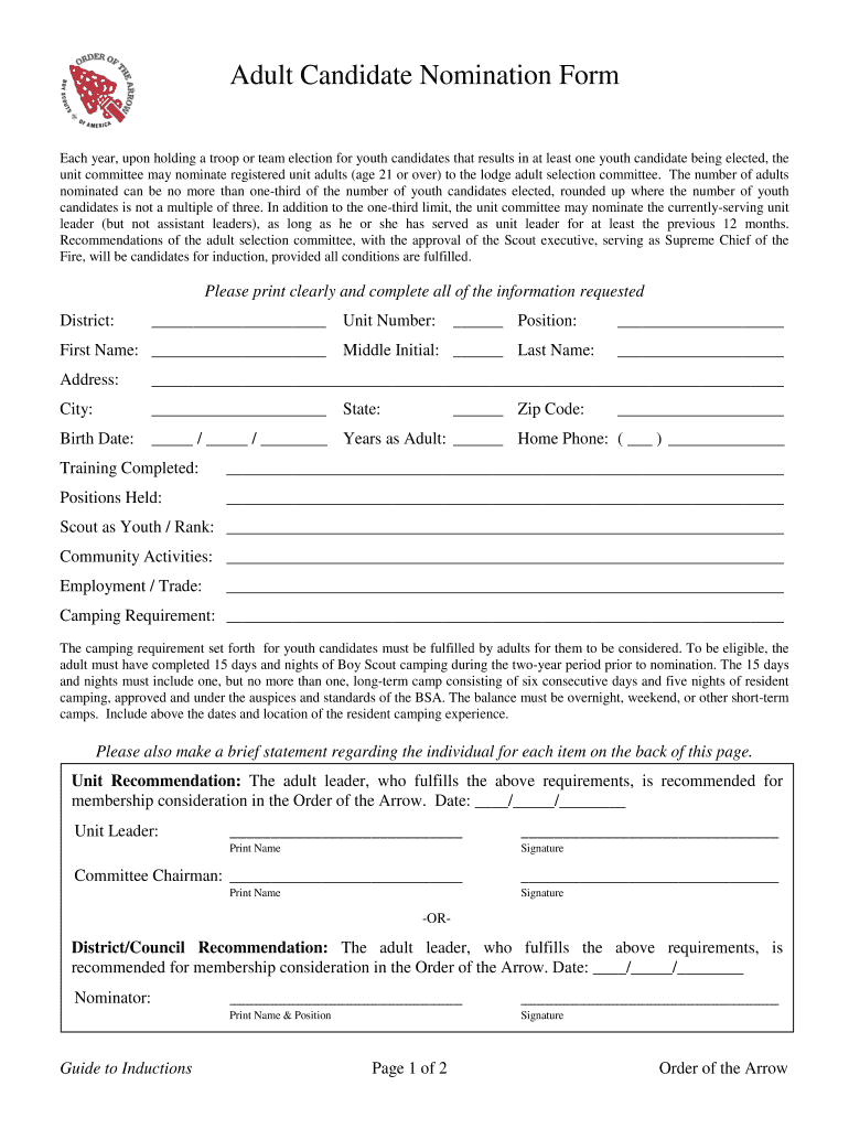 OA Adult Nomination Form - Crossroads of America Council, BSA Preview on Page 1.