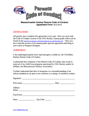 Massachusetts Hockey Parents Code of Conduct Agreement Form