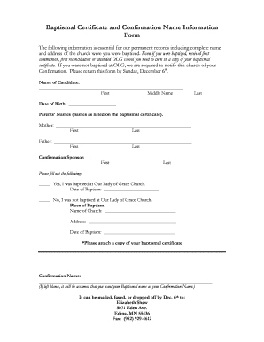 Baptismal Certificate and Confirmation Name Information Form