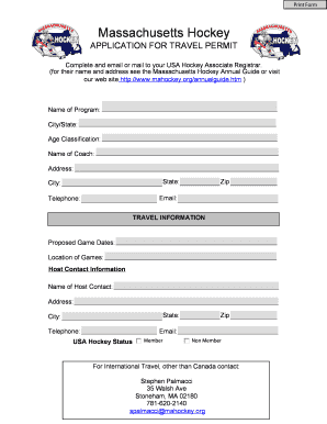 Massachusetts Hockey Travel Permit Application