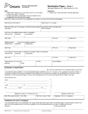 Ontario Nomination Paper Form 1