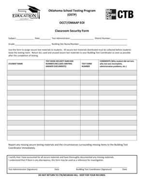 Oklahoma School Testing Program Classroom Security Form