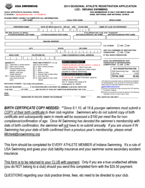 USA Swimming 2014 Seasonal Athlete Registration Application