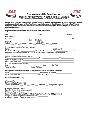 2012 Pop Warner Participant Contract and Parental Consent Form