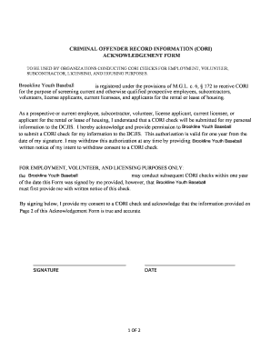 Criminal Offender Record Information (CORI) Acknowledgment Form