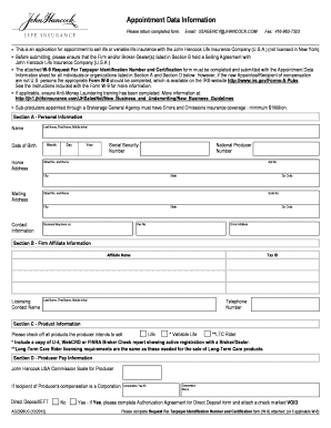 John Hancock Appointment Data Information Form