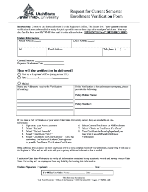 Utah State University Enrollment Verification Form