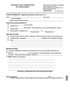 University of Hawaiÿi at Mänoa Request for Verification of Enrollment