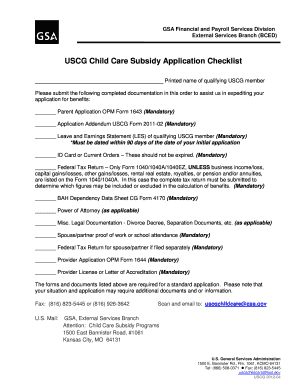 USCG Child Care Subsidy Application Checklist