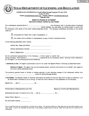 Texas Specific Power of Attorney for Vehicle Retrieval