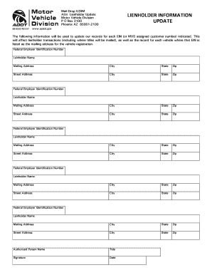 Arizona Lienholder Update Form