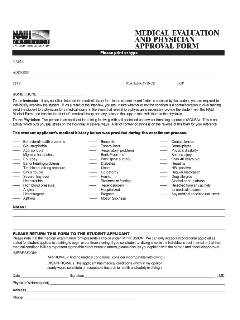 naui medical form Preview on Page 1.