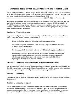 Durable Special Power of Attorney for Care of Minor Child