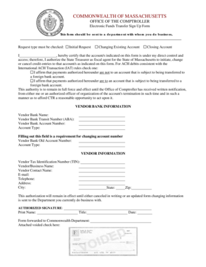 Massachusetts Electronic Funds Transfer Sign Up Form