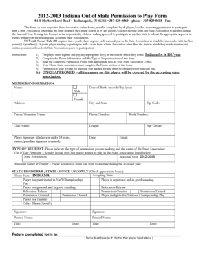 2012-2013 Indiana Out of State Permission to Play Form