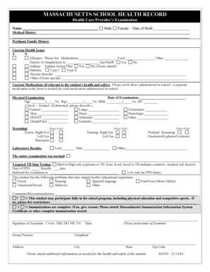 Massachusetts School Health Record