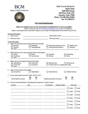 Pre-Travel Questionnaire - Baylor College of Medicine - mediasrc bcm