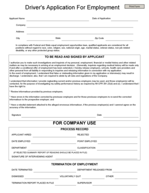 Driver's Application For Employment