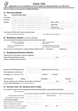 Form 12A Application for Tax Credits