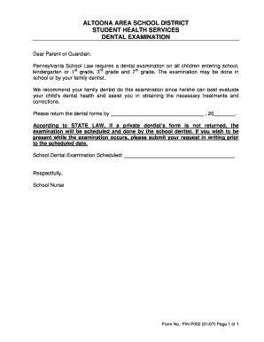 Pennsylvania School Dental Examination Form