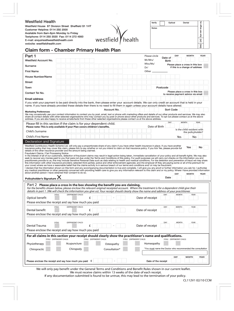 westfield health claim form Preview on Page 1.