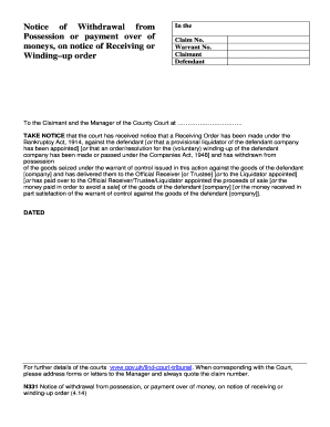 Notice of Withdrawal from Possession or Payment Over of Claim