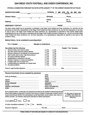San Diego Youth Football and Cheer Physical Exam Form