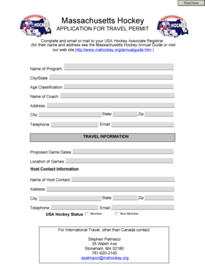 Massachusetts Hockey Travel Permit Application