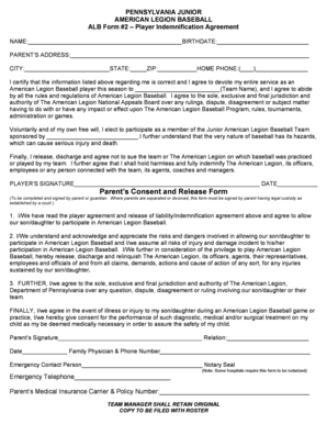 Pennsylvania Junior American Legion Baseball Player Indemnification Agreement