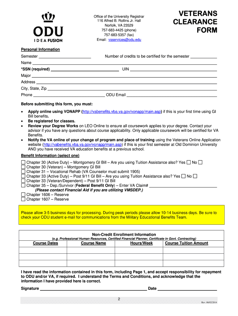 odu veterans clearance form Preview on Page 1.