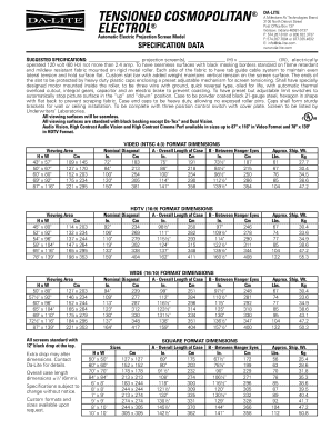 Da-Lite Tensioned Cosmopolitan Projection Screen Specifications