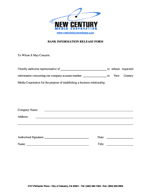 BANK INFORMATION RELEASE FORM To Whom It May Concern: I ...