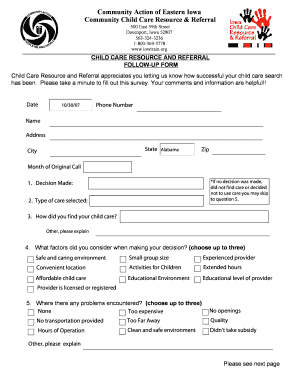 Child Care Resource and Referral Follow-Up Form