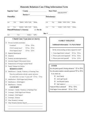 Domestic Relations Case Filing Information Form