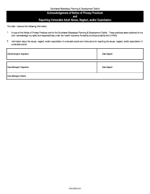 Acknowledgement of Notice of Privacy Practices and Reporting Vulnerable Adult Abuse