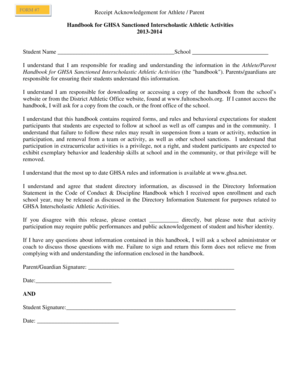 GHSA Athlete Parent Receipt Acknowledgement Form