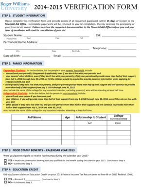 2014-2015 Student Financial Aid Verification Form