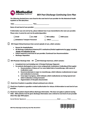 Behavioral Health Post Discharge Continuing Care Plan