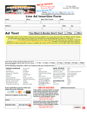 American Classifieds Knoxville Line Ad Insertion Form