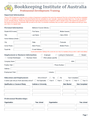 Bookkeeping Institute of Australia Professional Development Training Enrollment Form