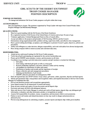 Girl Scouts Troop Cookie Manager Position Description