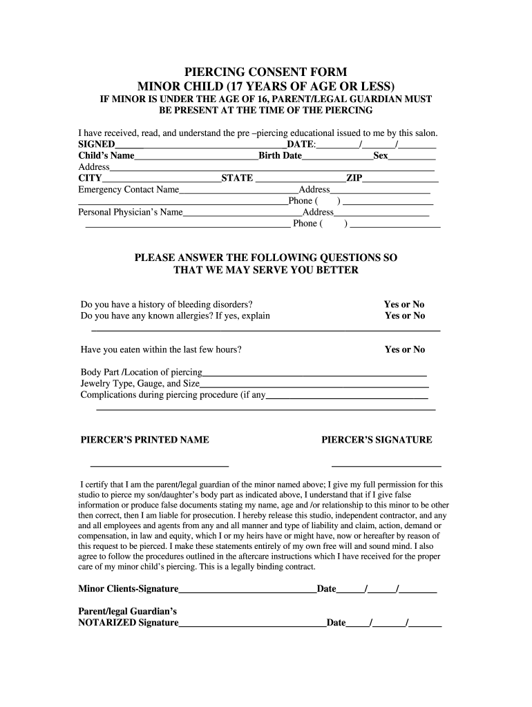 Printable Piercing Consent Form Fill Online Printable Fillable 