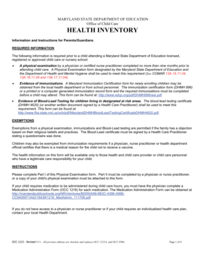Maryland Child Care Health Inventory Form