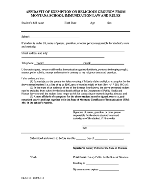 Montana Religious Exemption Affidavit