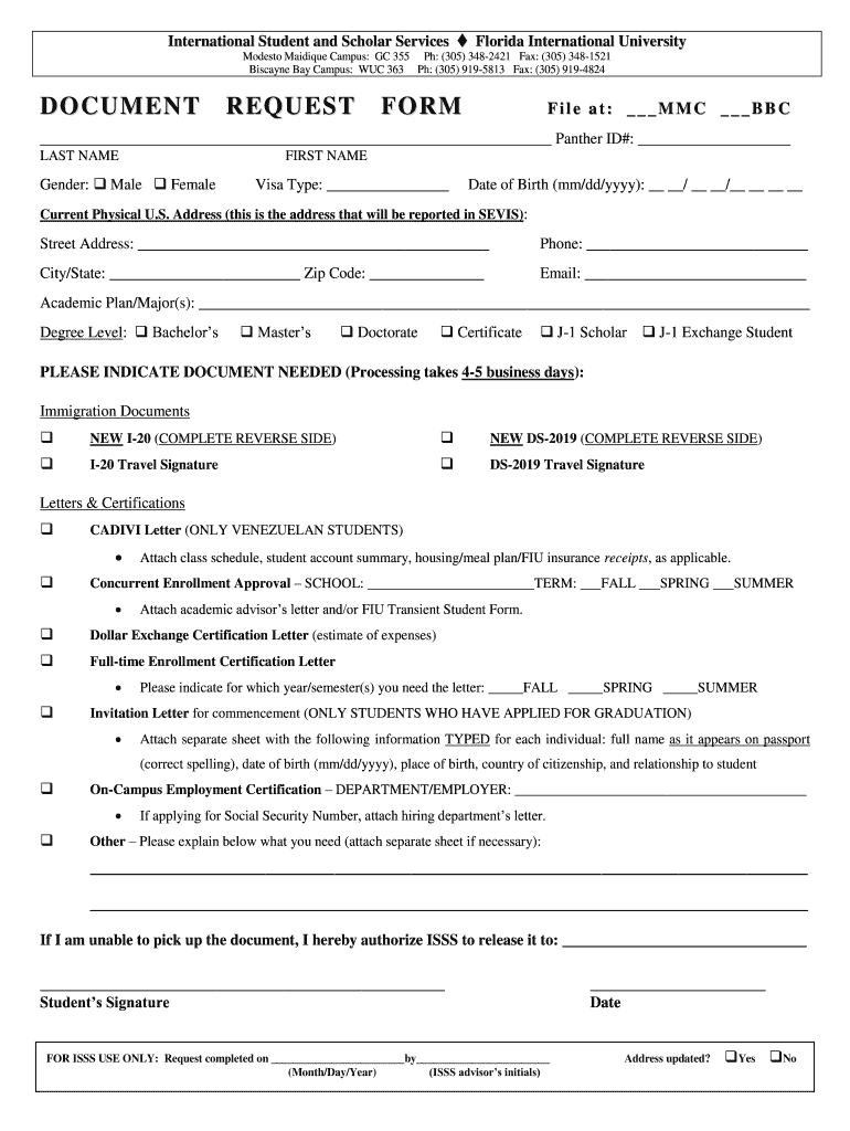 Fillable Online isss fiu Document Request Form International Student