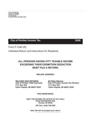 City of Pontiac Income Tax 2009 Form P-1040 (R)
