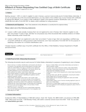 Kansas Affidavit for Free Certified Birth Certificate