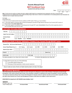 Escorts Mutual Fund NEFT Enrollment Form