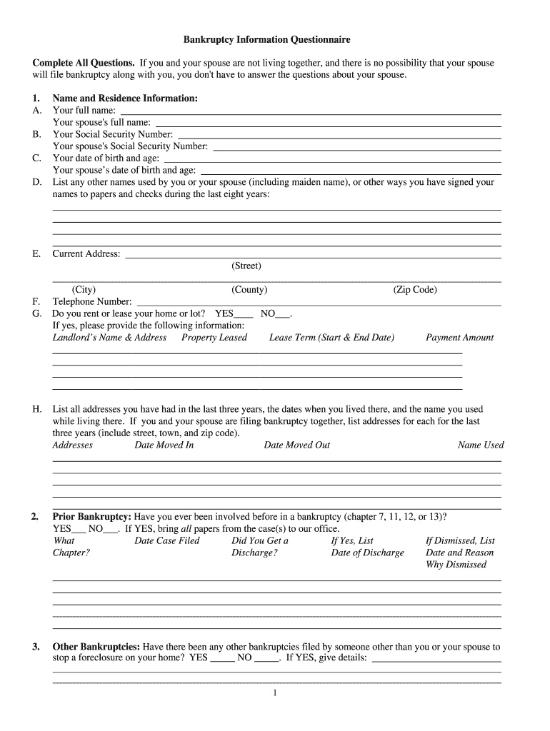 bankruptcy questionnaire Preview on Page 1