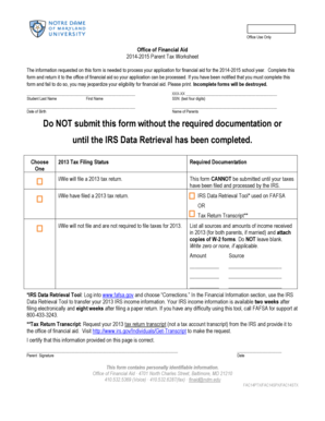 2014-2015 Parent Tax Worksheet